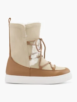 New Beige and Fur Trimmed High Leg Boot with Contrasting Lace Women Boots·Lace-Up Boots