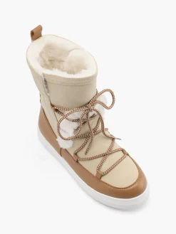 New Beige and Fur Trimmed High Leg Boot with Contrasting Lace Women Boots·Lace-Up Boots