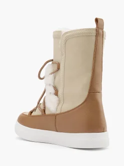 New Beige and Fur Trimmed High Leg Boot with Contrasting Lace Women Boots·Lace-Up Boots