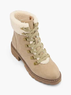 Best Beige Lace Up Fleece Collared Hiker Boot Women Boots·Walking Shoes|Boots·Faux Fur Lined Boots