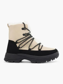 New and Beige Fur Trimmed Boot with Contrasting Shoe Laces Women Boots·Lace-Up Boots|Boots·Hiker Style Boots