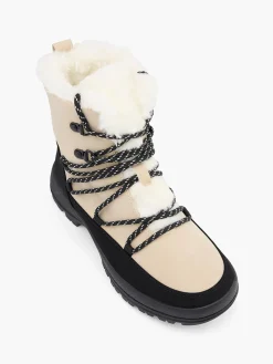 New and Beige Fur Trimmed Boot with Contrasting Shoe Laces Women Boots·Lace-Up Boots|Boots·Hiker Style Boots