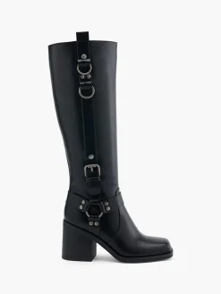 Discount Block Heeled Long Leg Boot with Metallic Details Women Boots·Knee High Boots