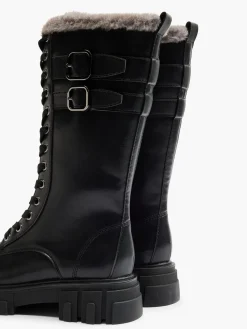 Hot Lace Up Faux Fur Lined Long Leg Biker Boot Women Boots·Winter Boots|Boots·Biker Boots