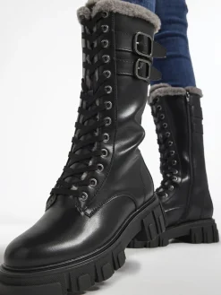 Hot Lace Up Faux Fur Lined Long Leg Biker Boot Women Boots·Winter Boots|Boots·Biker Boots