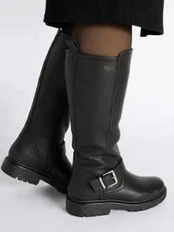 Discount Leather Chunky Soled Long Leg Boot with Buckle Detailed Women Boots·Knee High Boots|Boots·Leather Boots