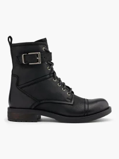 Leather Lace Up Biker Boot with Buckle Strap Women Boots·Ankle Boots|Boots·Leather Boots