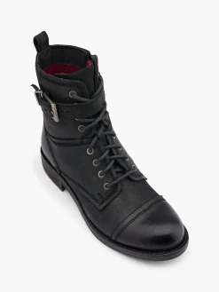 Leather Lace Up Biker Boot with Buckle Strap Women Boots·Ankle Boots|Boots·Leather Boots