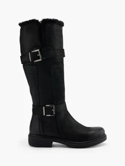 Online Leather Long Leg Faux Fur Lined Boot with Double Buckle Detail Women Boots·Knee High Boots|Boots·Leather Boots