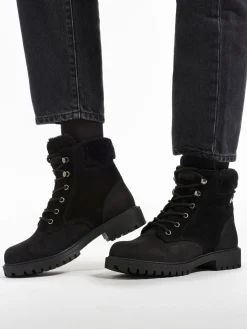 Leather Suede Faux Fur Lined Lace Up Boot Women Boots·Lace-Up Boots|Boots·Hiker Style Boots