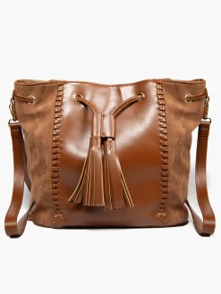 Hot Faux Suede Panelled Bucket Bag with Whipstitch Detail Women Bags·Handbags