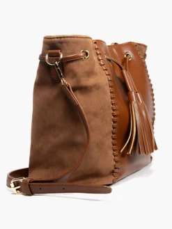 Hot Faux Suede Panelled Bucket Bag with Whipstitch Detail Women Bags·Handbags
