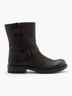 Leather Double Buckled Ankle Boot Women Boots·Biker Boots|Boots·Leather Boots