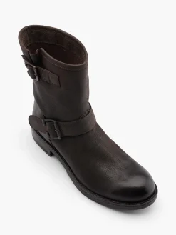 Leather Double Buckled Ankle Boot Women Boots·Biker Boots|Boots·Leather Boots