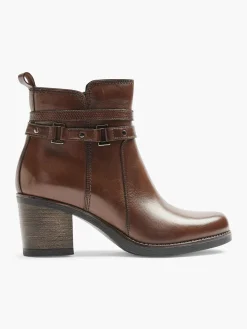 Sale Brown Leather Heeled Ankle Boot With Strap Buckle Detail Women Boots·Heeled Boots|Boots·Leather Boots