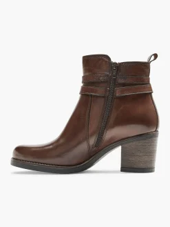 Sale Brown Leather Heeled Ankle Boot With Strap Buckle Detail Women Boots·Heeled Boots|Boots·Leather Boots