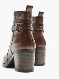 Sale Brown Leather Heeled Ankle Boot With Strap Buckle Detail Women Boots·Heeled Boots|Boots·Leather Boots
