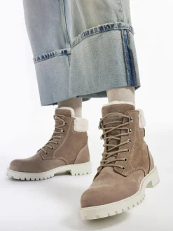 Discount Khaki Faux Fur Lined Leather Hiker Boot Women Boots·Walking Shoes|Boots·Faux Fur Lined Boots