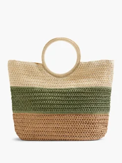 Online Neutral and Green Striped Summer Bag with Circular Handle Women Bags·Tote Bags