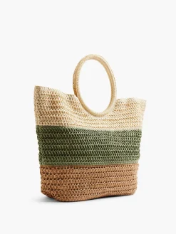 Online Neutral and Green Striped Summer Bag with Circular Handle Women Bags·Tote Bags