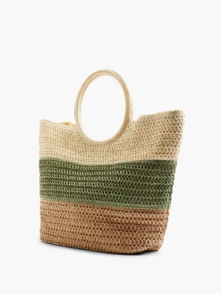 Online Neutral and Green Striped Summer Bag with Circular Handle Women Bags·Tote Bags