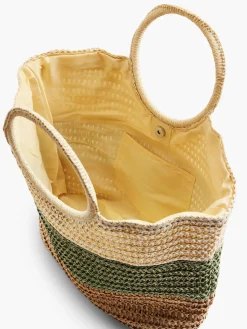 Online Neutral and Green Striped Summer Bag with Circular Handle Women Bags·Tote Bags