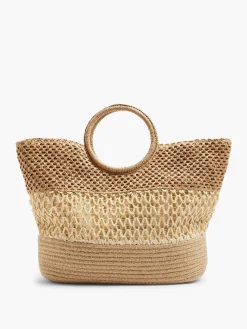 Online Neutral Striped Panel Summer Bag with Circular Handle Women Bags·Tote Bags|Bags·Handbags