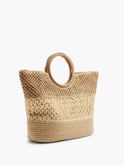 Online Neutral Striped Panel Summer Bag with Circular Handle Women Bags·Tote Bags|Bags·Handbags