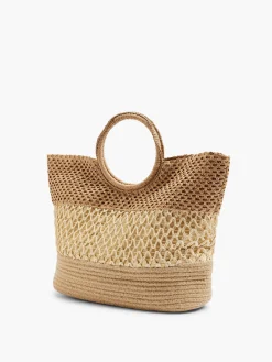 Online Neutral Striped Panel Summer Bag with Circular Handle Women Bags·Tote Bags|Bags·Handbags