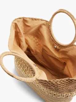 Online Neutral Striped Panel Summer Bag with Circular Handle Women Bags·Tote Bags|Bags·Handbags