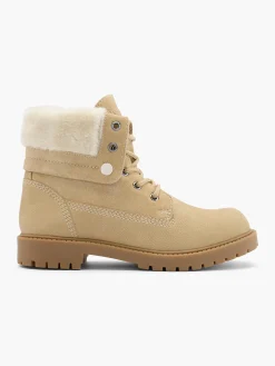 Clearance Sand Leather Faux Fur Collared Lace Up Boot Women Boots·Winter Boots|Boots·Lace-Up Boots