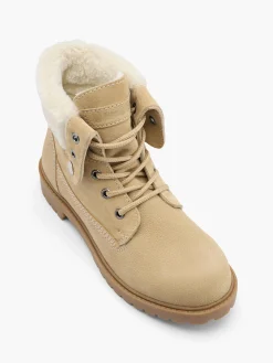Clearance Sand Leather Faux Fur Collared Lace Up Boot Women Boots·Winter Boots|Boots·Lace-Up Boots