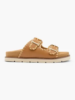 Online Tan Double Buckle Whipstitch Detail Flat Women Sandals·Flat Sandals