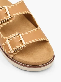 Online Tan Double Buckle Whipstitch Detail Flat Women Sandals·Flat Sandals