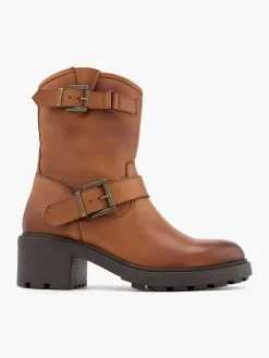 Tan Leather Ankle Boot with Double Buckle Detail Women Boots·Leather Boots|Boots·Ankle Boots