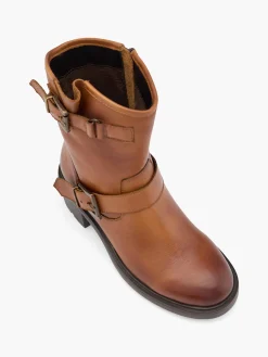 Tan Leather Ankle Boot with Double Buckle Detail Women Boots·Leather Boots|Boots·Ankle Boots
