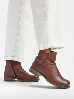 Hot Tan Leather Ruched Buckled Ankle Boot Women Boots·Leather Boots|Boots·Ankle Boots