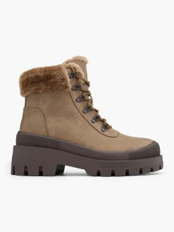 Clearance Faux Fur Collared Lace Up Hiking Boot Women Boots·Faux Fur Lined Boots|Boots·Chunky Boots