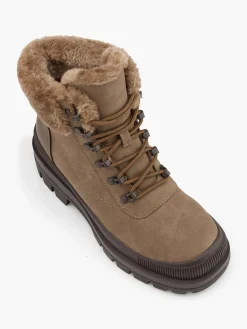 Clearance Faux Fur Collared Lace Up Hiking Boot Women Boots·Faux Fur Lined Boots|Boots·Chunky Boots