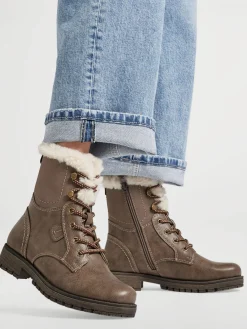 Clearance Taupe Faux Fur Lace Up Boot Women Loafers & Low Shoes·Comfort|Boots·Comfort Boots