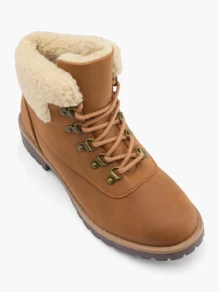 Discount Wider Fit Tan Fleece Collared Lace Up Hiker Boot Women Boots·Walking Shoes|Boots·Lace-Up Boots