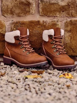 Discount Wider Fit Tan Fleece Collared Lace Up Hiker Boot Women Boots·Walking Shoes|Boots·Lace-Up Boots